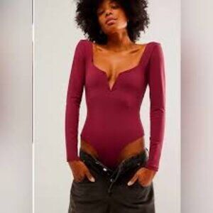 Free People XL Stars Aligned V-Wire Bordeaux Long Sleeve Thong Bodysuit Boho